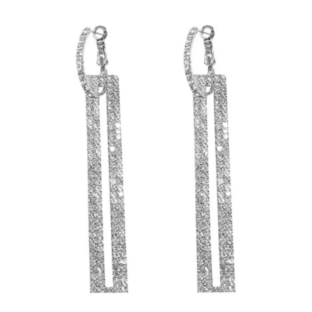 Long Rhinestone Silver Rectangle Dangle Earrings - Picture 2 of 7